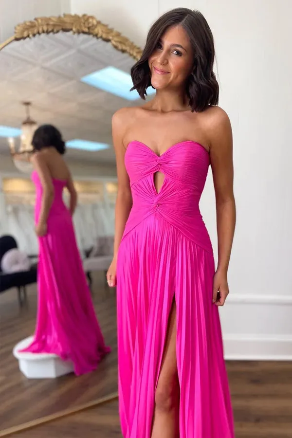 Hot Pink Strapless Keyhole Pleated A-Line Prom Formal Dress PSK481