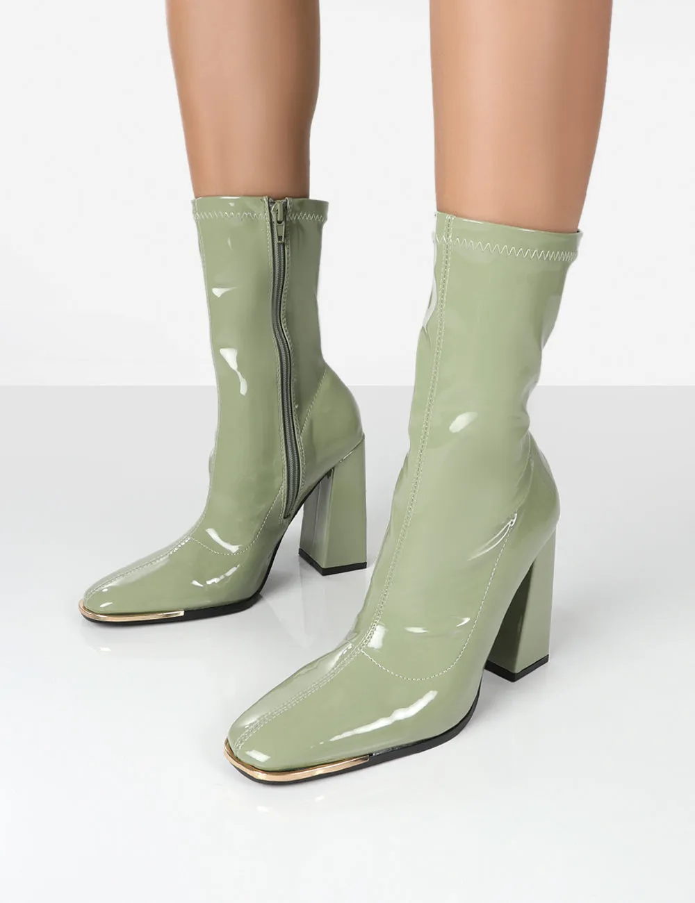 Liberty Green Pu Sock High Heeled Ankle Boots