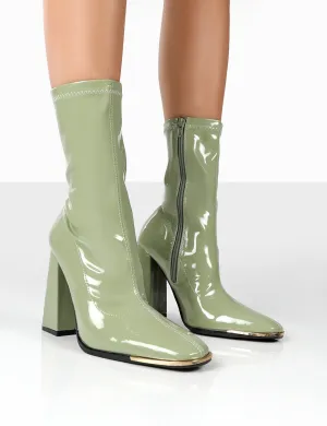 Liberty Green Pu Sock High Heeled Ankle Boots