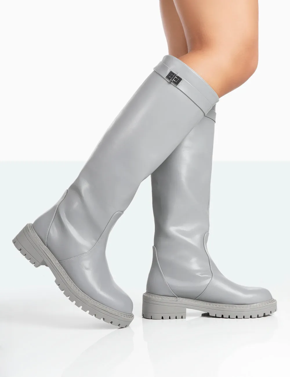 More Fun Grey PU Round Toe Chunky Sole Knee High Boots