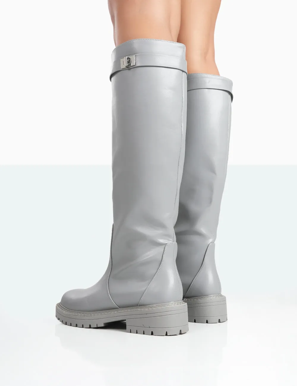 More Fun Grey PU Round Toe Chunky Sole Knee High Boots