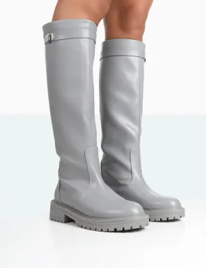 More Fun Grey PU Round Toe Chunky Sole Knee High Boots