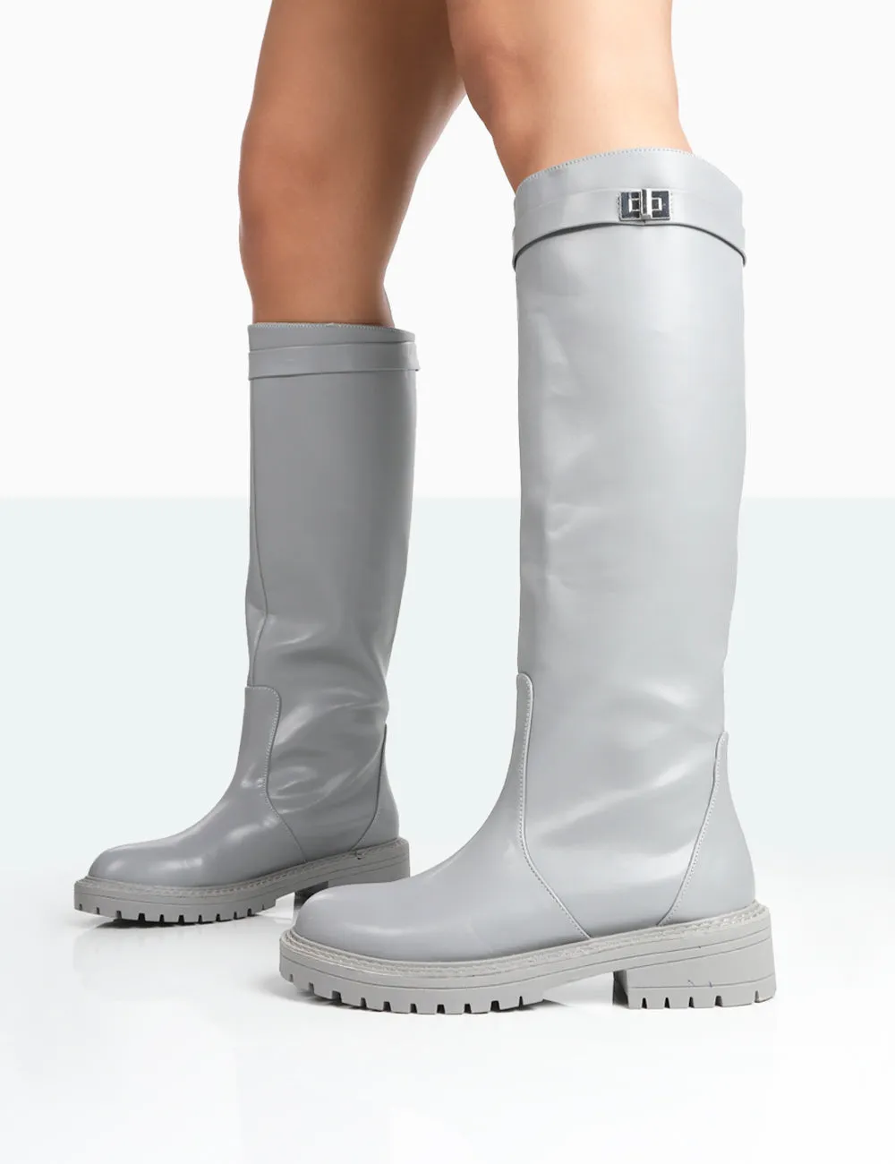 More Fun Grey PU Round Toe Chunky Sole Knee High Boots