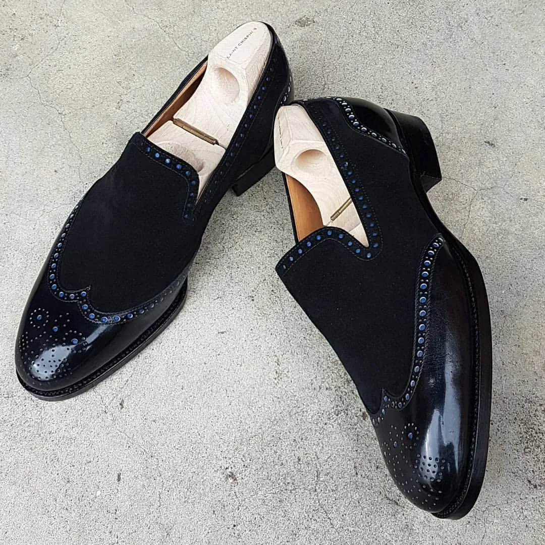 New Designer Men's Handmade Black Shoes, Men's Leather & Suede Wingtip Dress Fashion Shoes