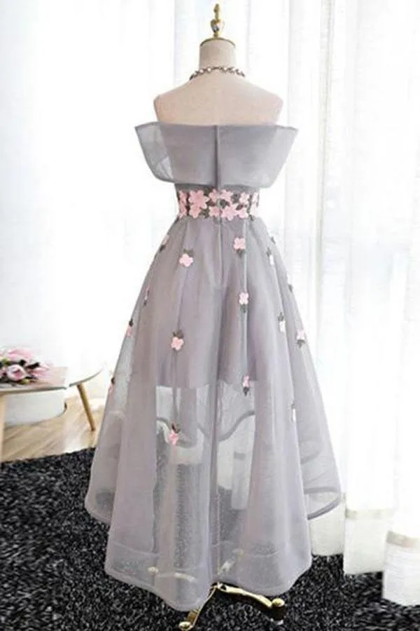 Off-the-Shoulder High Low Grey Tulle Homecoming Dress With Appliques   PD243