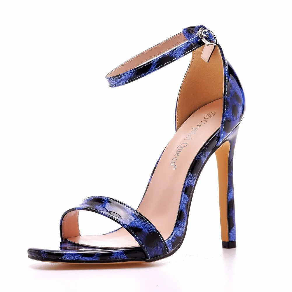 Open Toe Leopard Print Ankle Strap Stiletto High Heel