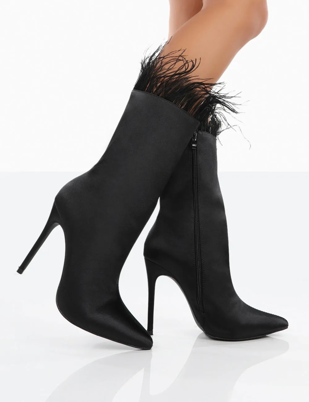 Out Out Black Satin Pointed Toe Faux Feather Ankle Boots