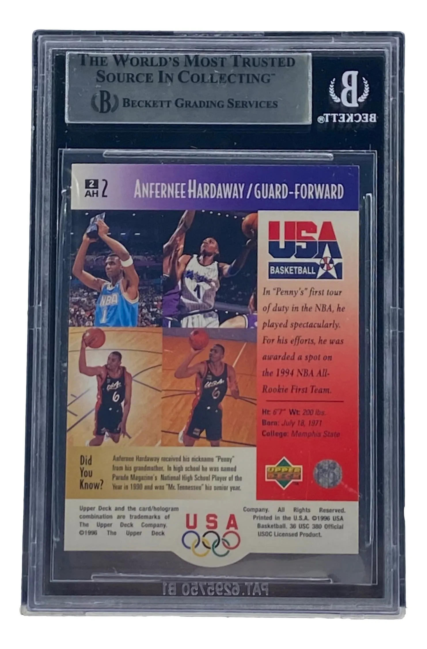 Penny Hardaway Signed Slabbed 1996 Upper Deck USA #2 Basketball Trading Card BAS