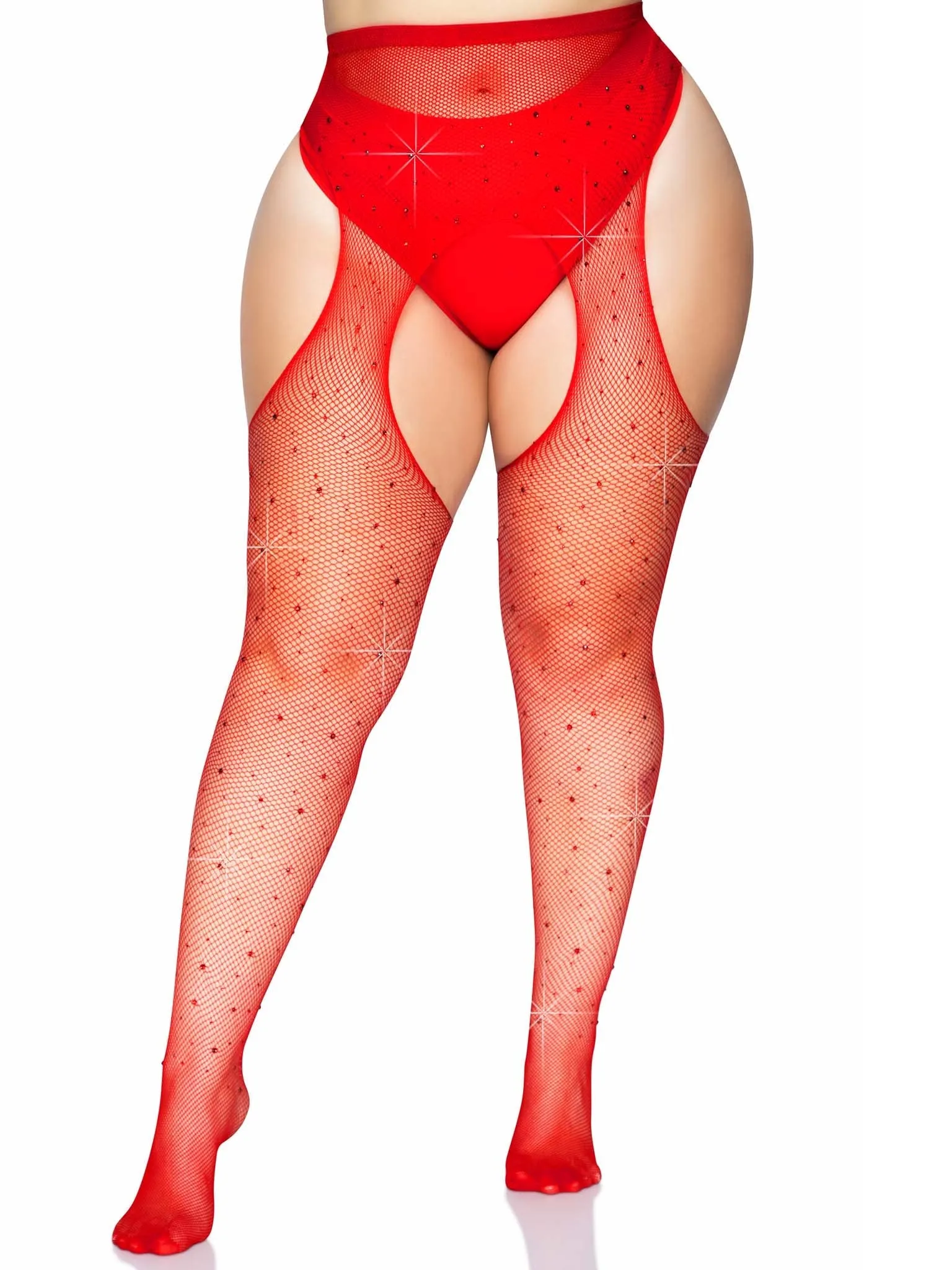 Plus Size Rhinestone Fishnet Suspender Hose in Red