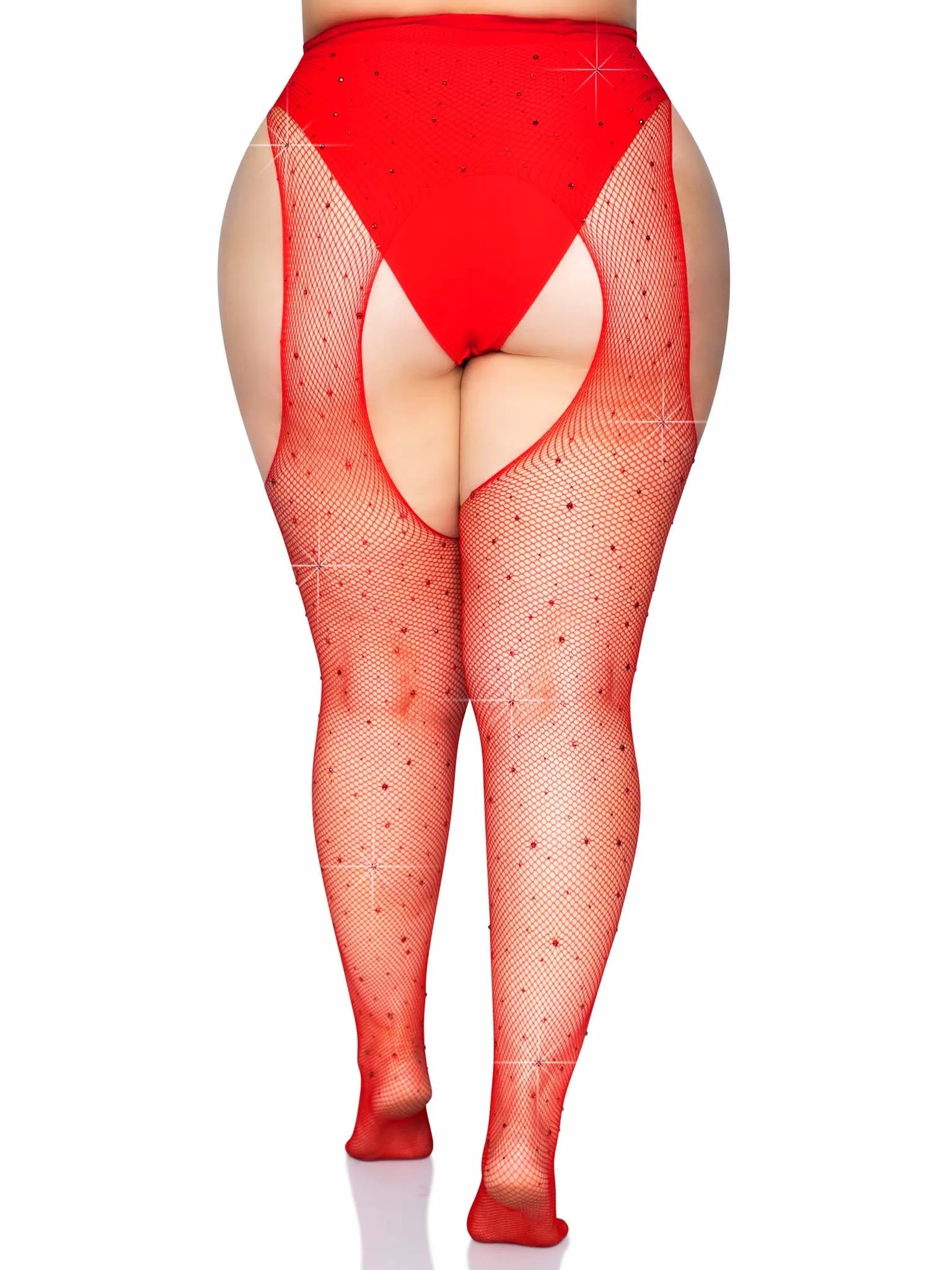 Plus Size Rhinestone Fishnet Suspender Hose in Red