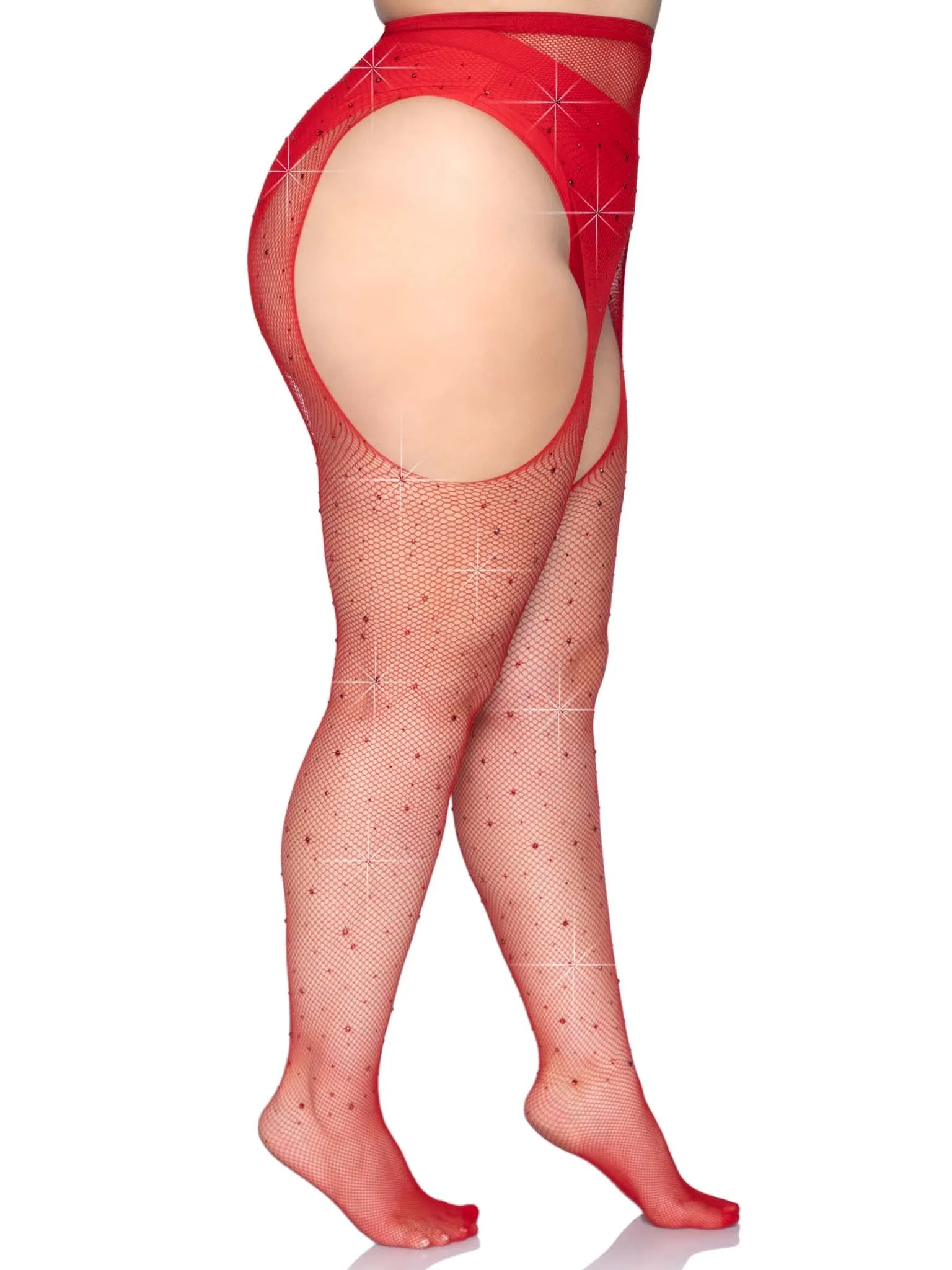 Plus Size Rhinestone Fishnet Suspender Hose in Red