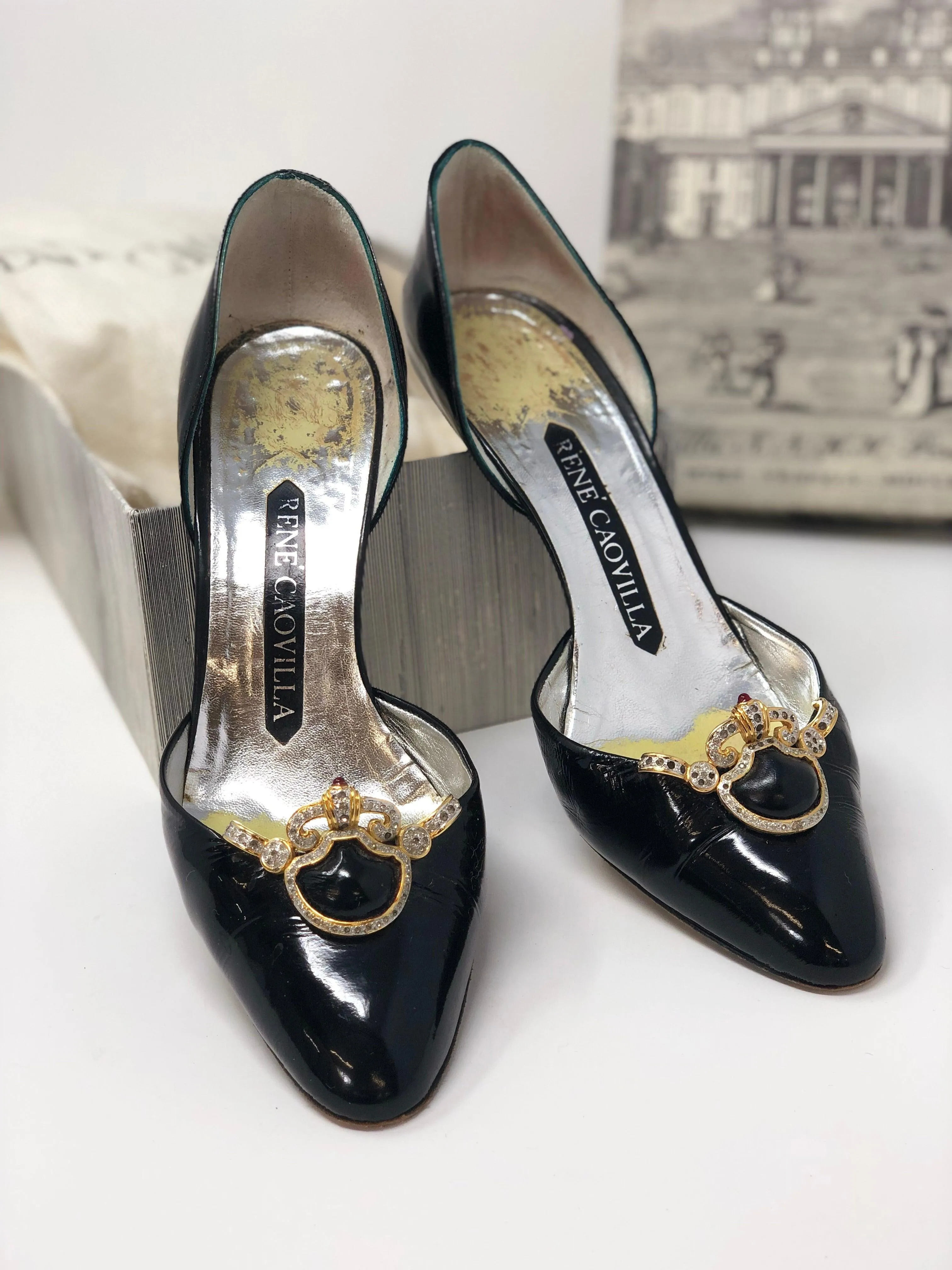 Rene Caovilla Black Patent Leather Heels with Gold Diamante Detail Size 5.5 (UK3.5)