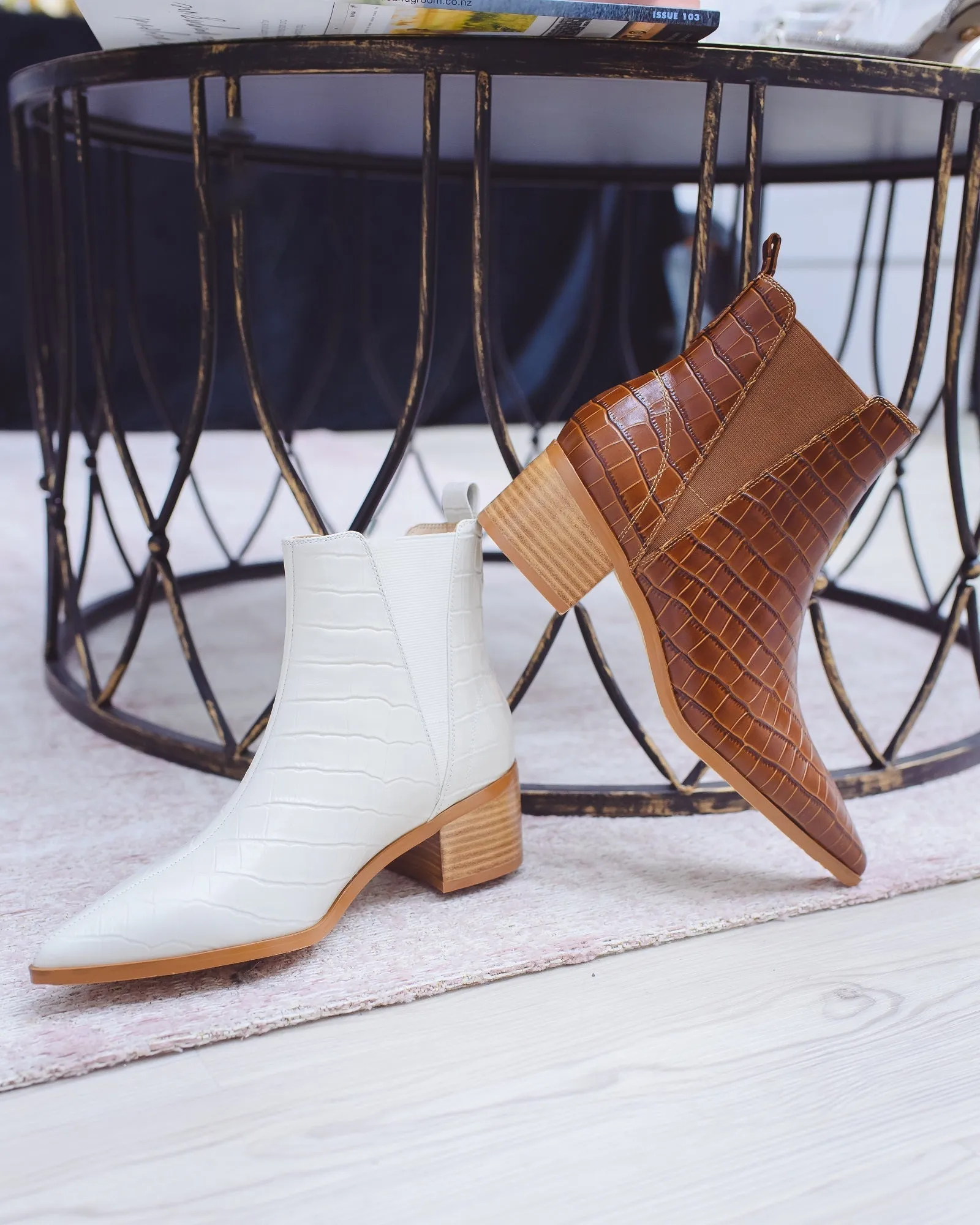 River Croco Leather Ankle Boot Cream