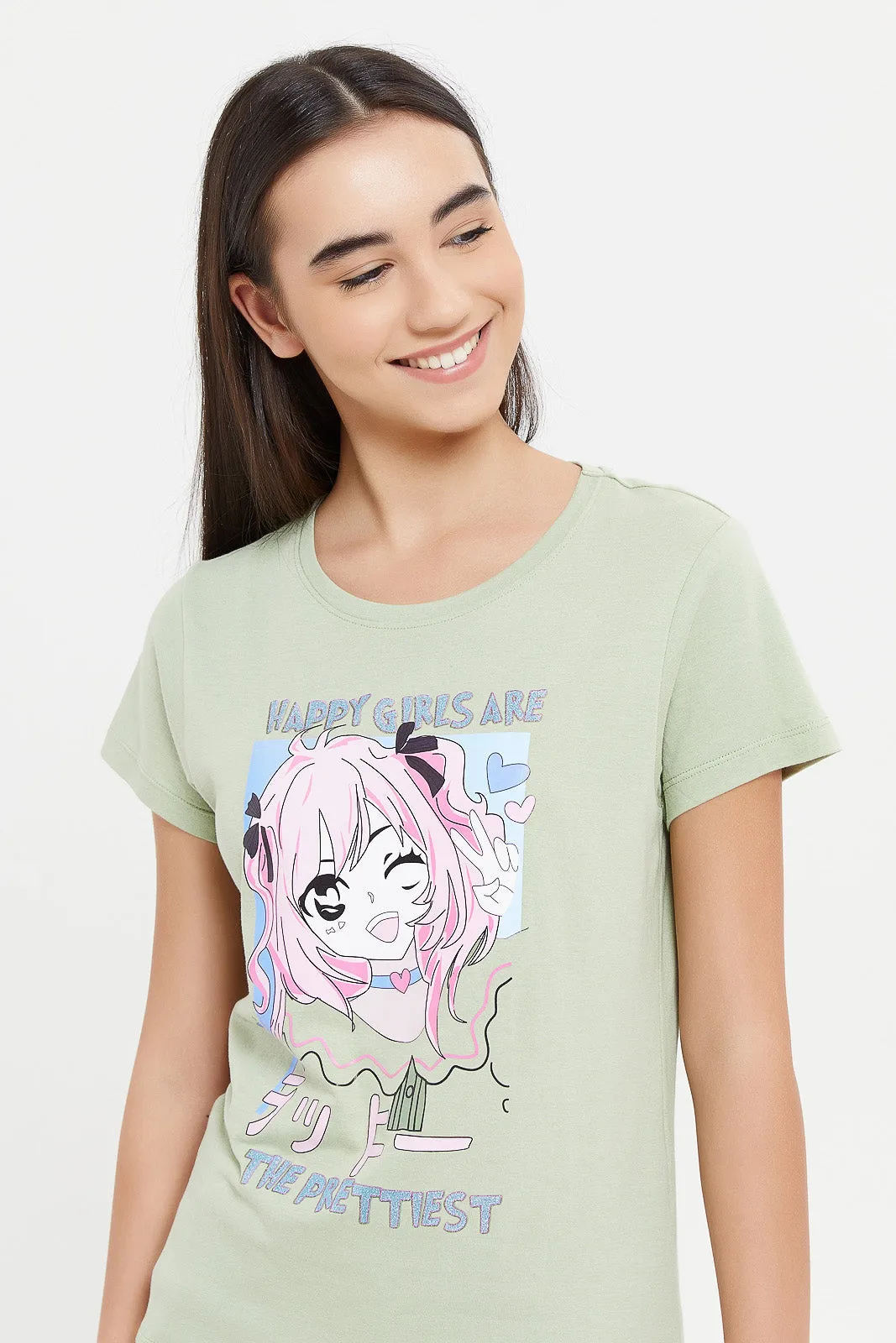 Senior Girls Green Anime Print T-Shirts