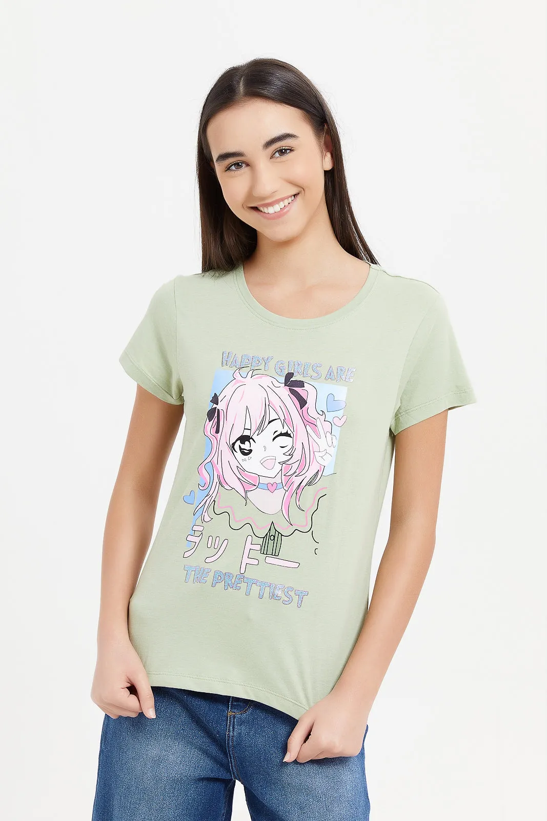 Senior Girls Green Anime Print T-Shirts