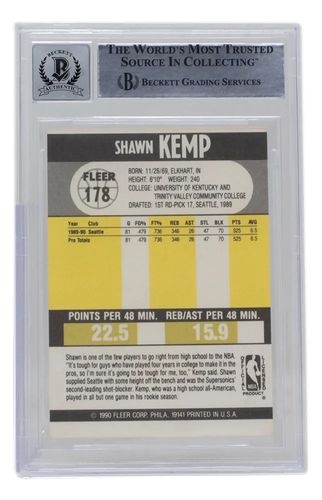 Shawn Kemp Signed 1990 Fleer #178 Seattle Supersonics Basketball BAS Auto 10