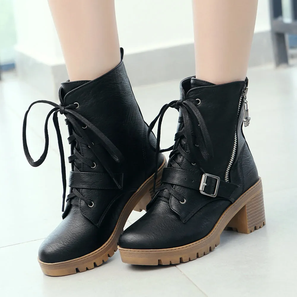 Square Heels Zip Up Black  Ankle Boots