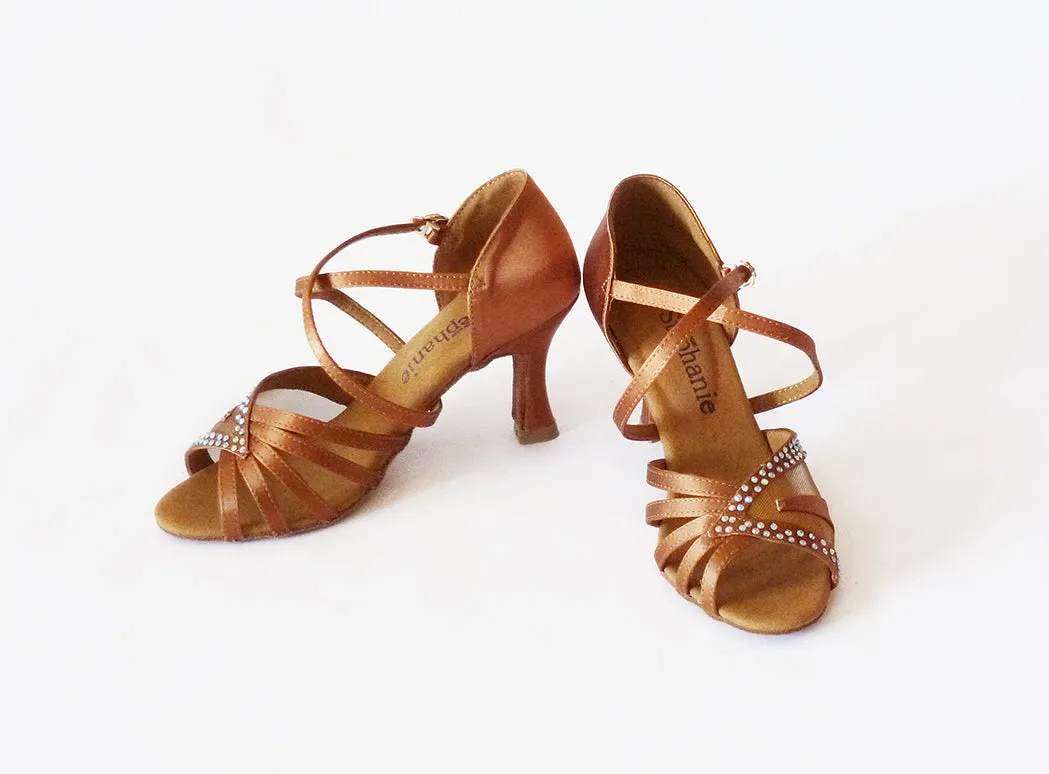 Stephanie Dance Shoes, 2056-45, Dark Tan Satin-Rhinestones, 2” & 2.5” Flared Heel