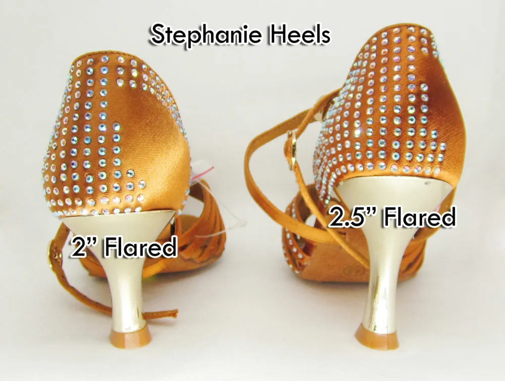 Stephanie Dance Shoes, 2056-45, Dark Tan Satin-Rhinestones, 2” & 2.5” Flared Heel