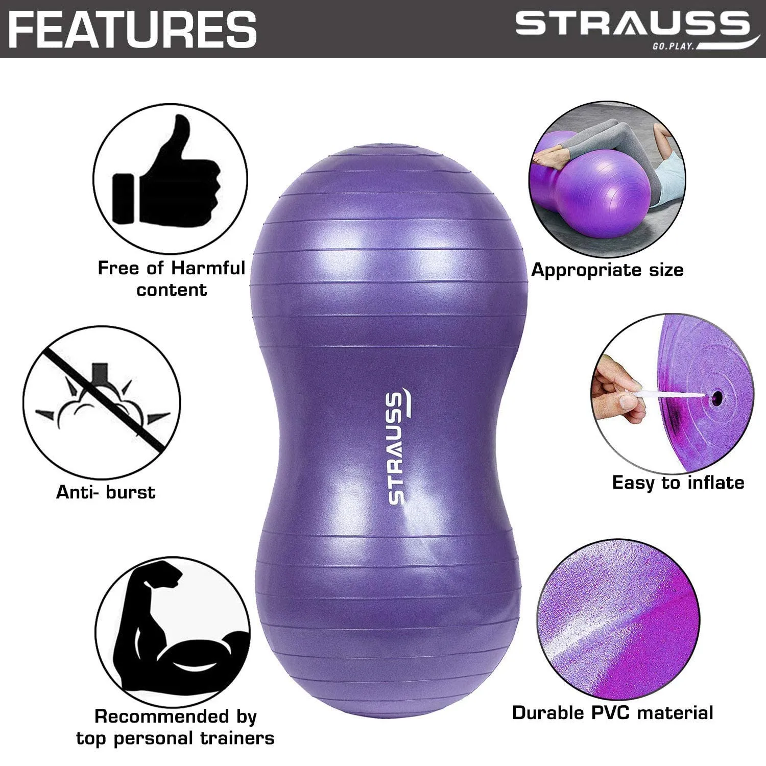 STRAUSS Rubber Anti-Burst Gym Ball, Peanut Shape, 95X45 cm, (Purple)