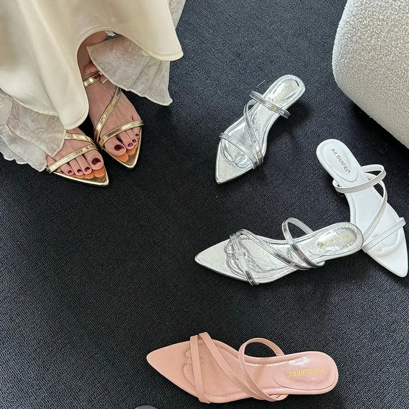 TAVIMART  -  Female Pointed Toe Slippers Fashion T-Strap Women Wedges Heeled Sandals Shoes Footwear Ladies Low Heel Sandals Shoes Mules