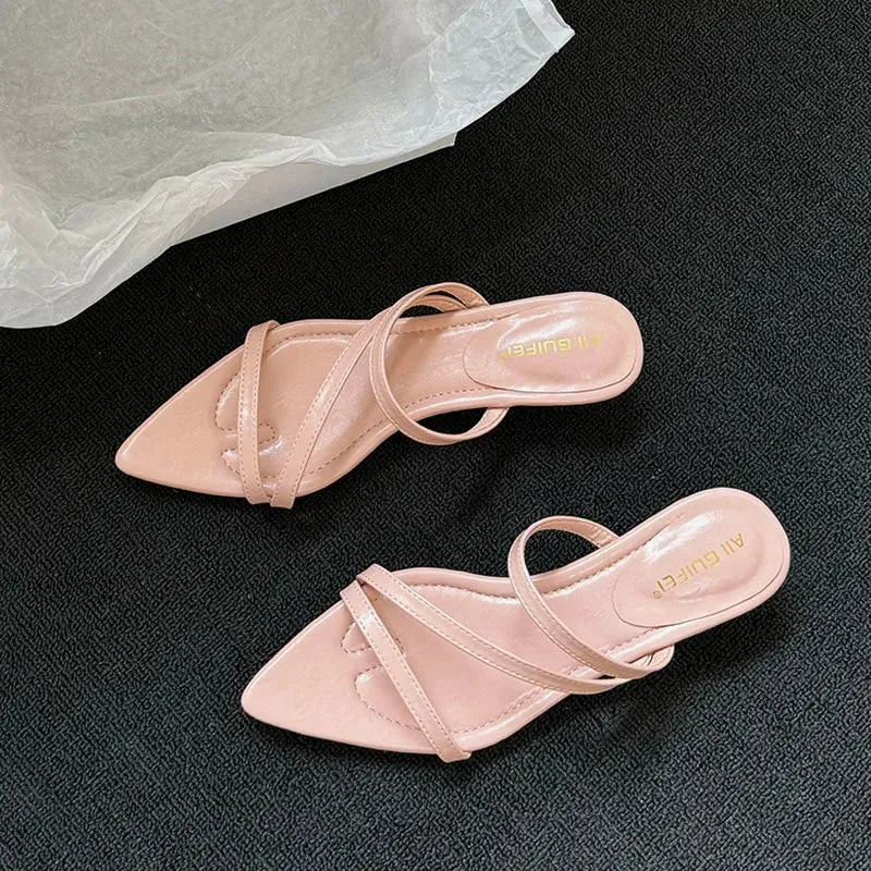 TAVIMART  -  Female Pointed Toe Slippers Fashion T-Strap Women Wedges Heeled Sandals Shoes Footwear Ladies Low Heel Sandals Shoes Mules