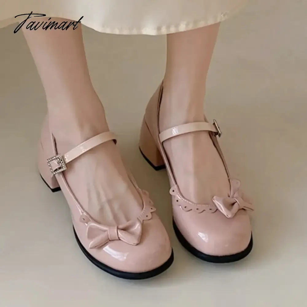 TAVIMART New Women's Pumps Patent Leather Buckle Strap Shoes Girls Ruffles Mary Janes Shoes Bowtie Princess Lolita Shoes Black Pink 1631N