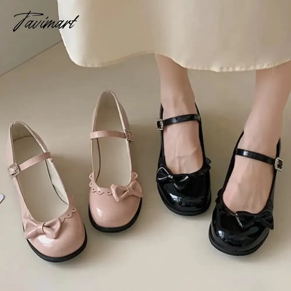 TAVIMART New Women's Pumps Patent Leather Buckle Strap Shoes Girls Ruffles Mary Janes Shoes Bowtie Princess Lolita Shoes Black Pink 1631N