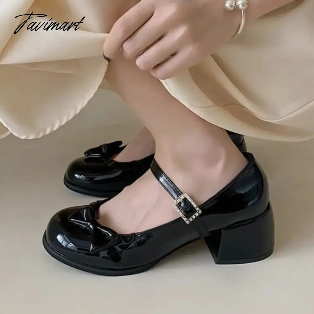 TAVIMART New Women's Pumps Patent Leather Buckle Strap Shoes Girls Ruffles Mary Janes Shoes Bowtie Princess Lolita Shoes Black Pink 1631N