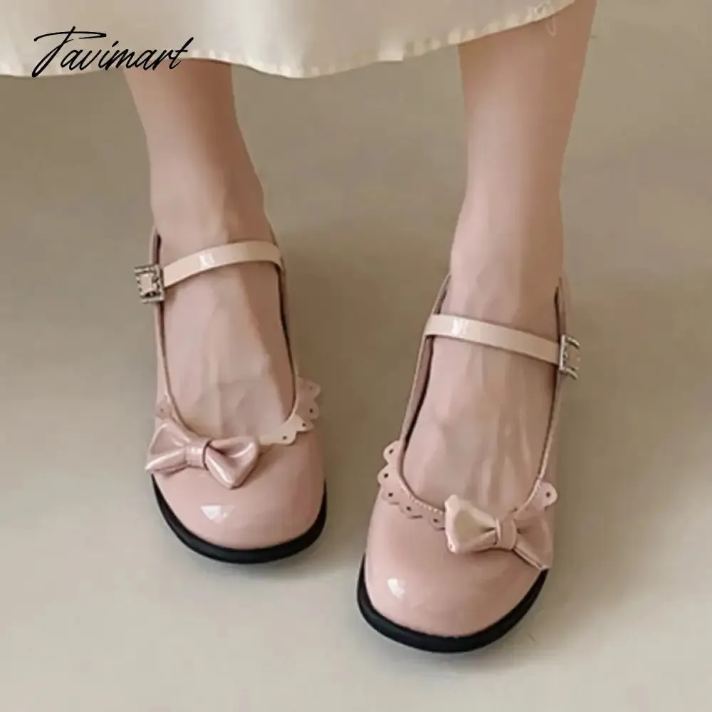 TAVIMART New Women's Pumps Patent Leather Buckle Strap Shoes Girls Ruffles Mary Janes Shoes Bowtie Princess Lolita Shoes Black Pink 1631N