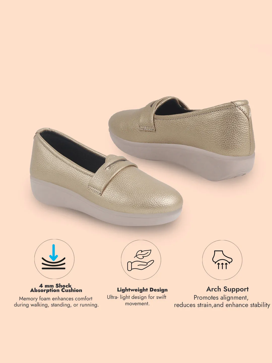 Women Golden Textured Slip On Casual Shoes Flatform Heel Height Enhancer|All Day Comfort|Daily Wear Shoes