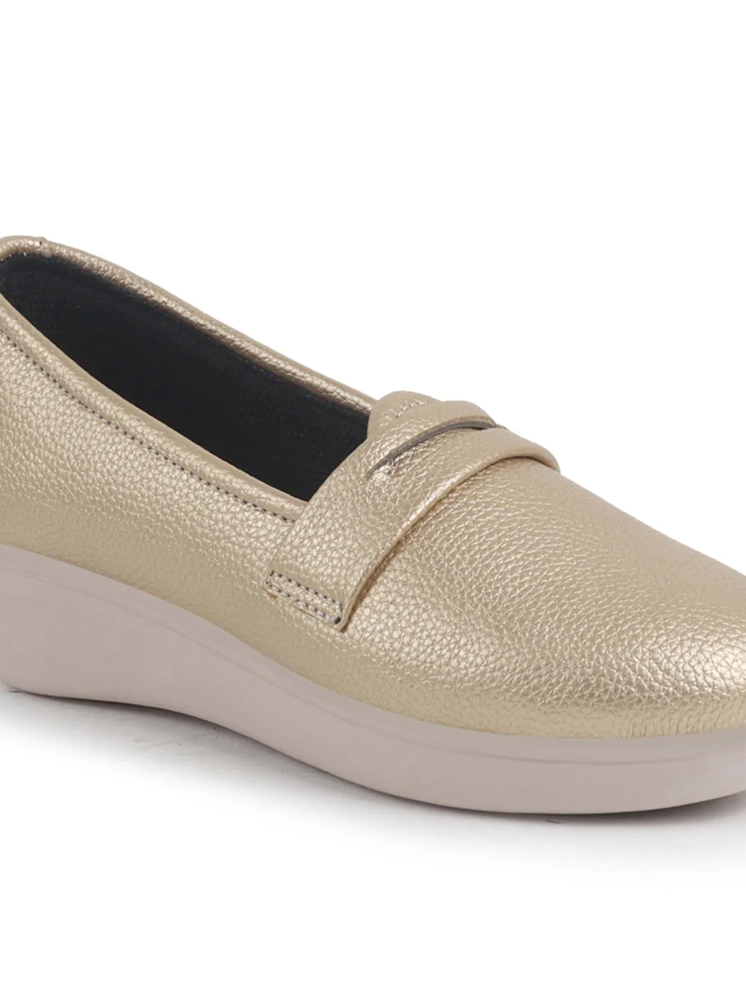 Women Golden Textured Slip On Casual Shoes Flatform Heel Height Enhancer|All Day Comfort|Daily Wear Shoes