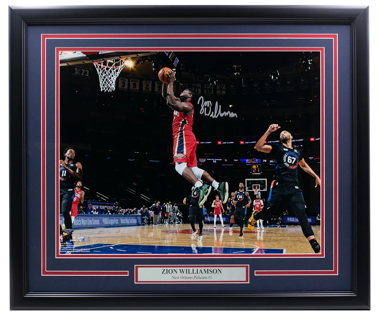 Zion Williamson Signed Framed 16x20 Pelicans Basketball Dunk Photo Fanatics